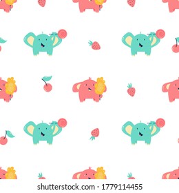 Seamless pattern, texture with cute bright little elephants. For childish prints, decorations. clothes, textile. Vector illustration