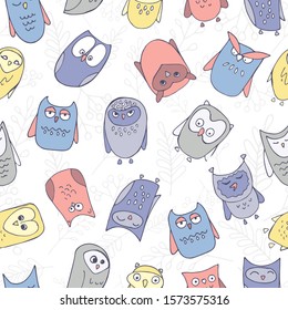 seamless pattern or texture of cute colorful owls on a white background with the texture of twigs of rowan leaves hand-drawn stock illustration Wings beak feathers night bird nature energy owl 