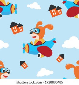 Seamless pattern texture with Cute dog flying in airplane, For fabric textile, nursery, baby clothes, background, textile, wrapping paper and other decoration.