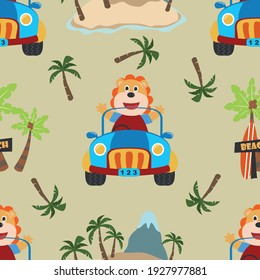 Seamless pattern texture with Cute lion cartoon having fun driving car on a sunny day. For fabric textile, nursery, baby clothes, background, textile, wrapping paper and other decoration.