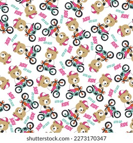 Seamless pattern texture with Cute little bear Riding motorcycle, Cartoon Vector Icon Illustration. For fabric textile, nursery, baby clothes, background, textile, wrapping paper and other decoration.