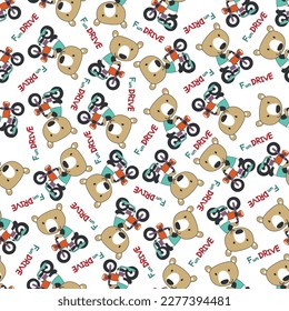 Seamless pattern texture with Cute little bear Riding motorcycle, Cartoon Vector Icon Illustration. For fabric textile, nursery, baby clothes, background, textile, wrapping paper and other decoration.