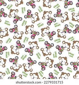 Seamless pattern texture with Cute little monkey Riding motorcycle, Cartoon Vector Icon Illustration. For fabric textile, nursery, baby clothes, background textile wrapping paper and other decoration