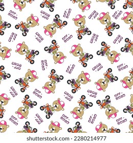 Nahtlose Muster Textur mit Cute kleinen Bär Reiten Motorrad, Cartoon Vector Icon Illustration. Für Textilien, Kindergarten, Babybekleidung, Hintergrund, Textilien, Packpapier und andere Dekorationen.