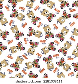 Seamless pattern texture with Cute little bear Riding motorcycle, Cartoon Vector Icon Illustration. For fabric textile, nursery, baby clothes, background, textile, wrapping paper and other decoration.