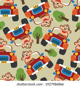 Seamless pattern texture with Cute monkey cartoon having fun driving a car in vilage on sunny day. For fabric textile, nursery, baby clothes, background, textile, wrapping paper and other decoration.