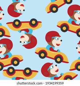 Seamless pattern texture with Cute monkey cartoon driving a vintage race car. For fabric textile, nursery, baby clothes, background, textile, wrapping paper and other decoration.