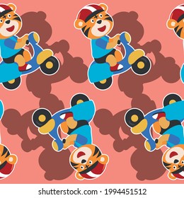 Seamless pattern texture with Cute tiger Riding Scooter Cartoon Vector Icon Illustration. For fabric textile, nursery, baby clothes, background, textile, wrapping paper and other decoration.