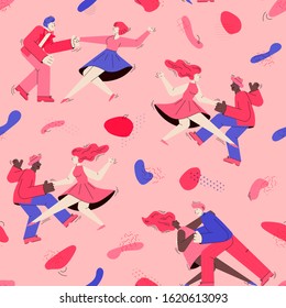 Seamless pattern texture with dancing people cartoon characters, vector illustration on pink background. Endless backdrop for wrapping paper and cards.