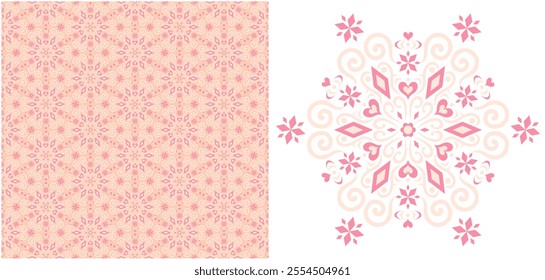 Seamless pattern texture and decorative design "Elegant hearts, diamonds and flowers" pastel pink.