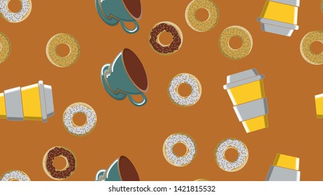 Seamless pattern, texture of different round sweet tasty donuts of hot sugary caramel chocolate and a cup of hot quick strong morning coffee for breakfast on a brown background. Vector illustration