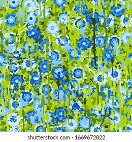 Seamless pattern. The texture is drenched with paint. Chaotic camouflage. Winter flowers carnations on the background of green leaves. Random arrangement of elements.