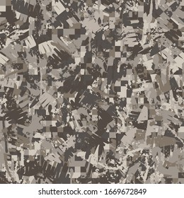 Seamless pattern. The texture is drenched with paint. Chaotic camouflage. Checkered background. Messy strokes. The colors of the desert landscape, with shades of gray