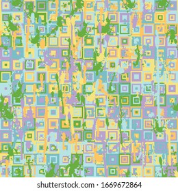 Seamless pattern. The texture is drenched with paint. Camouflage. Concentric squares. Chaotic coloring. Baby bright colors. For children's things and interiors.