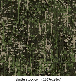 Seamless pattern. The texture is drenched with paint. Chaotic camouflage. Picture consisting of squares with strokes and four-beam stars. Shades of green jungle. Editable.