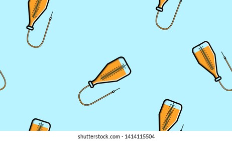 Seamless pattern texture of endless repeating medical yellow droppers with needle and catheter in hospital on blue background. Vector illustration