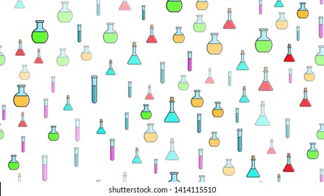 Seamless pattern texture of endless repeating multi-colored medical chemical glass scientific test tubes of flasks of different shapes on white background. Vector illustration