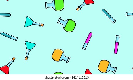 Seamless pattern texture of endless repeating multi-colored medical chemical glass scientific test tubes of cans flasks of different shapes on a blue background. Vector illustration