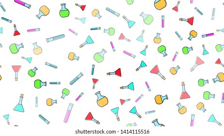 Seamless pattern texture of endless repeating multi-colored medical chemical glass scientific test tubes of flasks of different shapes on white background. Vector illustration