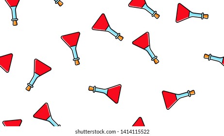 Seamless pattern texture of endless repeating triangular red medical chemical glass science test tubes cans flasks on a white background. Vector illustration