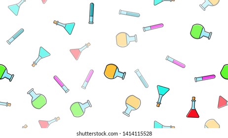 Seamless pattern texture of endless repeating multi-colored medical chemical glass scientific test tubes of flasks of different shapes on white background. Vector illustration