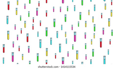 Seamless pattern texture of endless repeating long multi-colored medical chemical glass scientific test tubes of flasks cans on white background. Vector illustration