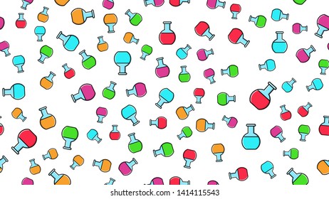 Seamless pattern texture of endless repeating round multi-colored medical chemical glass scientific test tubes of flasks cans on white background. Vector illustration