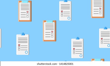 Seamless pattern texture of endless repeating paper sheets of paper contracts with tablets for papers on blue background. Vector illustration