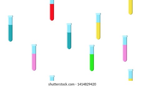 Seamless pattern texture of endless repeating long multi-colored medical chemical glass scientific test tubes of flasks cans on white background. Vector illustration