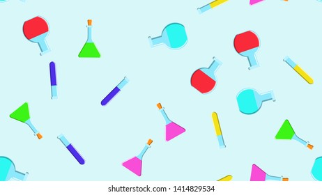 Seamless pattern texture of endless repeating multi-colored medical chemical glass scientific test tubes of cans flasks of different shapes on a blue background. Vector illustration