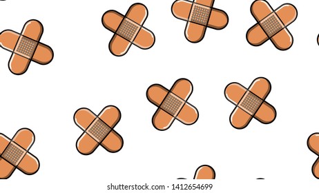 Seamless pattern texture of endless repetitive corporal medical pharmacological patches for sticking wounds and cuts against white yellow background. Vector illustration