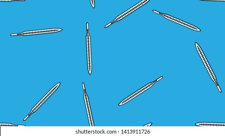 Seamless pattern texture of endless repetitive medical digital mercury glass thermometers for measuring body temperature on a blue background. Vector illustration