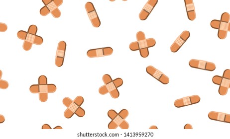 Seamless pattern texture of endless repetitive corporal medical pharmacological patches for sticking wounds and cuts against white yellow background. Vector illustration