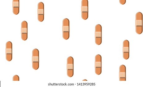 Seamless pattern texture of endless repetitive corporal medical pharmacological patches for sticking wounds and cuts against white yellow background. Vector illustration