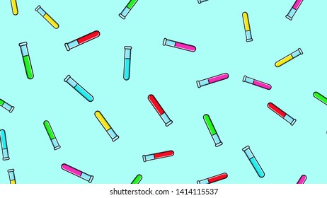 Seamless pattern texture of endless repetitive long multi-colored medical chemical glass scientific test tubes of flasks cans on blue background. Vector illustration