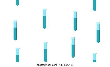 Seamless pattern texture of endless repetitive long blue medical chemical glass scientific test tubes of flasks cans on white background. Vector illustration