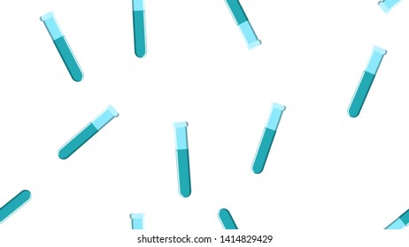 Seamless pattern texture of endless repetitive long blue medical chemical glass scientific test tubes of flasks cans on white background. Vector illustration