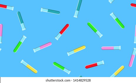 Seamless pattern texture of endless repetitive long multi-colored medical chemical glass scientific test tubes of flasks cans on blue background. Vector illustration