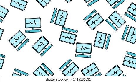 Seamless pattern texture of endless repetitive scientific medicine with the pulse and cardiogram of modern digital laptop computers with monitors on a white background. Vector illustration