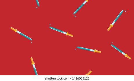 Seamless pattern texture of endless repetitive scientific medicine droppers pipettes for titration, instillation of medication with drops on a red background. Vector illustration