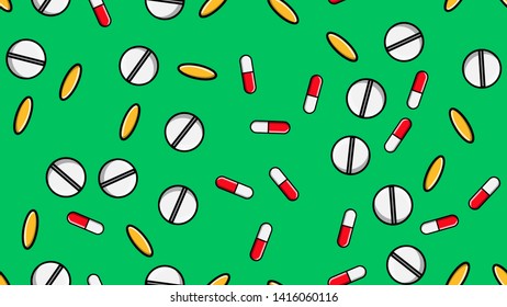 Seamless pattern texture of endless repetitive medicine tablets pills dragee capsules and medication plates with vitamins on a green background flat lay. Vector illustration