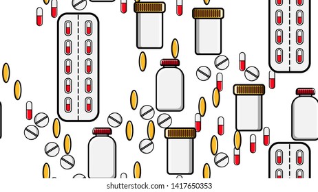 Seamless pattern texture of endless repetitive medicine tablets pills dragee capsules records cans of packs with medicines vitamins drugs on a white background flat lay top view. Vector illustration
