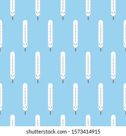 Seamless pattern texture of endless repetitive cute medical mercury glass thermometers for measuring body temperature on a blue background.