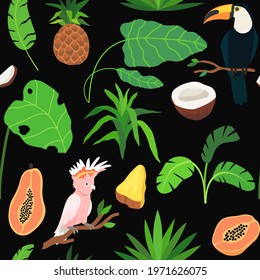 Seamless pattern or texture with exotic and tropic ripe fruits such as papaya, coconut, pineapple, parrot, toucan and floral jungle elments for print, packaging design, textile, fabric.  Summer theme.