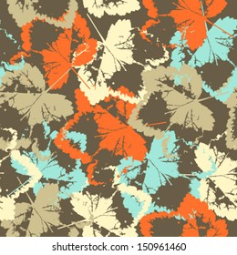 Seamless pattern texture with fallen leaves on brown background