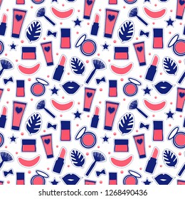 Seamless pattern texture fashion style. Set sign beauty makeup Abstract cosmetic bottles Vector illustration isolated on white background.