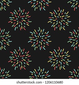 Seamless pattern texture with fireworks or stars made of shabby strokes on black background. vector illustration with twigs. Perfect for printing on fabric, paper or wrapping