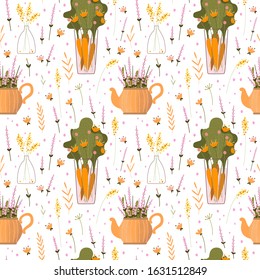 seamless pattern, texture of flowers and plants. bouquet. lavender and carrot. minimalism, abstraction, vector graphics