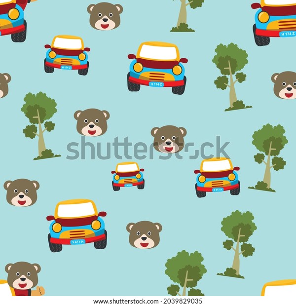 Seamless pattern texture with funny animal\
driving car in the road with village landscape. For fabric textile,\
nursery, baby clothes, background, textile, wrapping paper and\
other decoration.