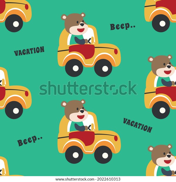 Seamless\
pattern texture with funny bear driving car in the road on sunny\
day. For fabric textile, nursery, baby clothes, background,\
textile, wrapping paper and other\
decoration.